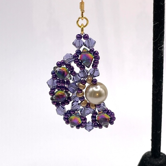 Czech Glass Swarovski Crystal Beaded Half Moon Style Pierced Drop Earrings - Picture 6 of 8